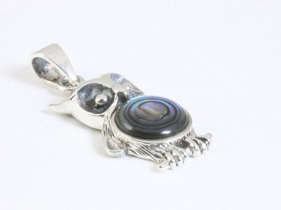 Zilveren uil hanger met abalone schelp aan ketting afbeelding 2