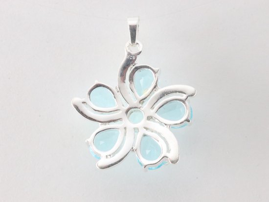 Bloemvormige zilveren hanger met blauwe topaas afbeelding 3