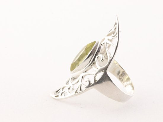 Langwerpige opengewerkte zilveren ring met lemonkwarts afbeelding 2