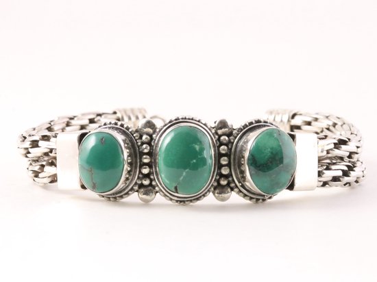 Zware gevlochten zilveren armband met Tibetaanse groene turkoois afbeelding 1