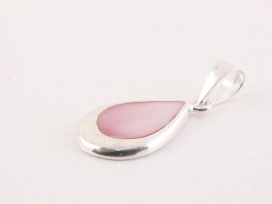Druppelvormige zilveren hanger met roze parelmoer aan ketting afbeelding 2