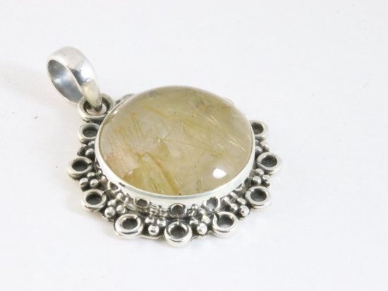 Ronde bewerkte zilveren hanger met gouden rutielkwarts afbeelding 2