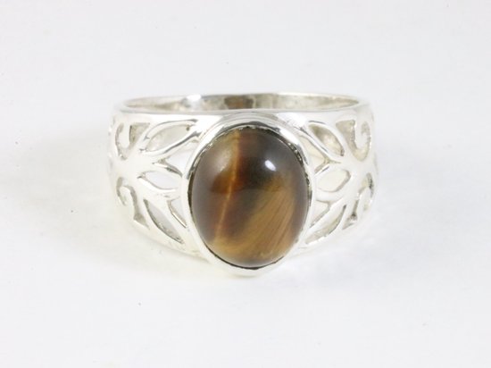 Opengewerkte zilveren ring met tijgeroog afbeelding 4
