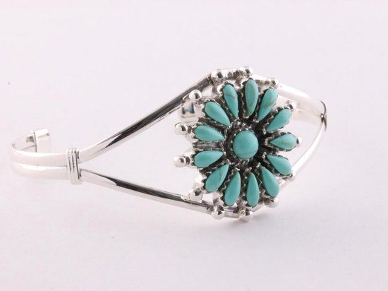 Opengewerkte zilveren klemarmband met groene turkoois bloem afbeelding 2
