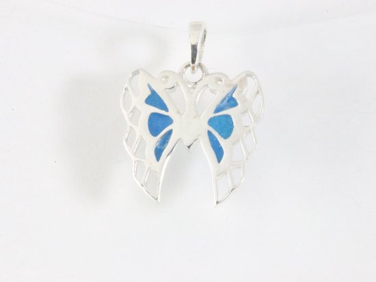 Fijne zilveren vlinder hanger met blauwe schelp afbeelding 3