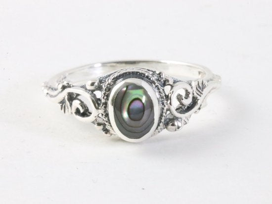 Fijne bewerkte zilveren ring met abalone schelp afbeelding 4
