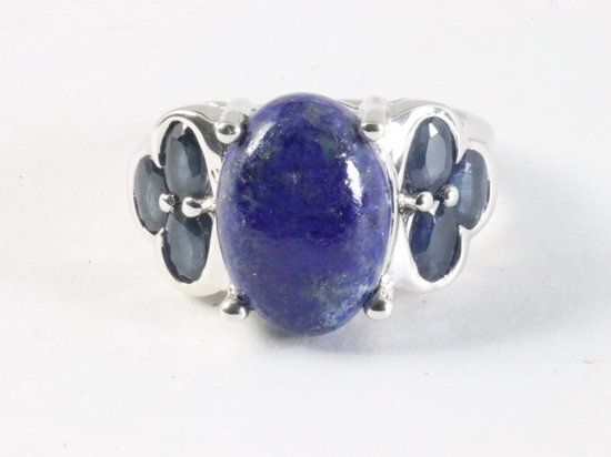 Hoogglans zilveren ring met lapis lazuli en blauwe saffier afbeelding 4