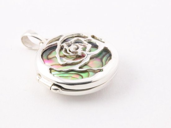 Rond bewerkt zilveren medaillon met abalone schelp afbeelding 2