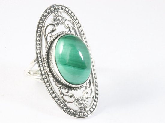 Langwerpige opengewerkte zilveren ring met malachiet afbeelding 1