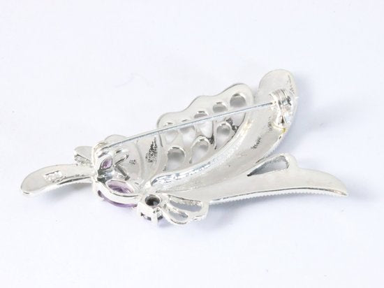 Opengewerkte zilveren vlinder broche met onyx en marcasiet afbeelding 4