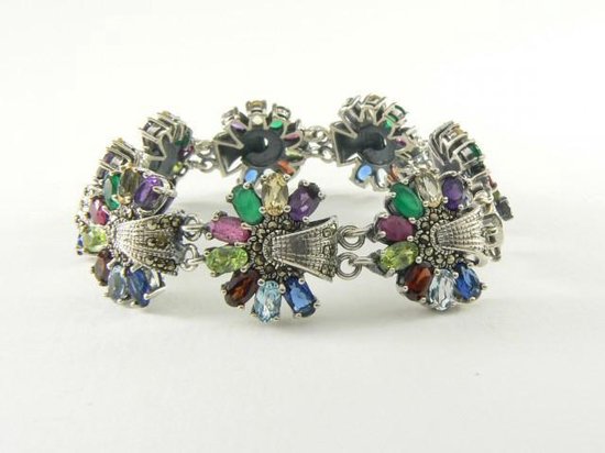 Zilveren bloemvormige tennisarmband met multi color edelstenen en marcasiet afbeelding 2
