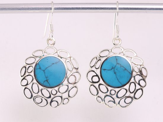 Grote opengewerkte zilveren oorbellen met blauwe turkoois afbeelding 4