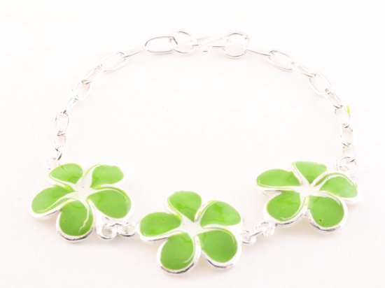 Zilveren schakelarmband met groene emaille bloemen afbeelding 1