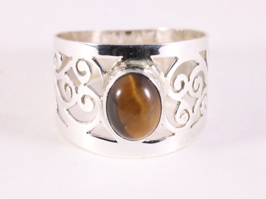 Opengewerkte zilveren ring met tijgeroog afbeelding 4