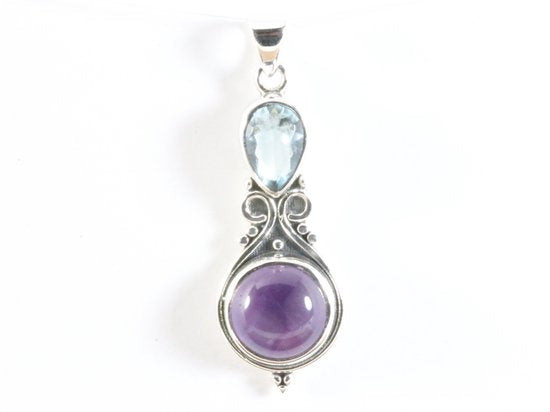 Bewerkte zilveren hanger met amethist en blauwe topaas afbeelding 4