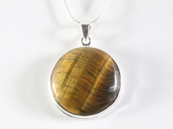 Ronde hoogglans zilveren hanger met tijgeroog aan ketting afbeelding 4