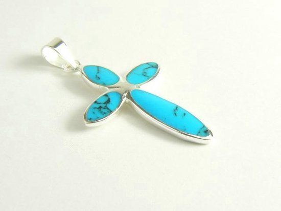 Zilveren kruishanger met blauwe turkoois afbeelding 2