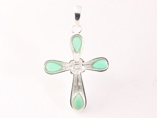 Hoogglans zilveren kruishanger met groene agaat afbeelding 3