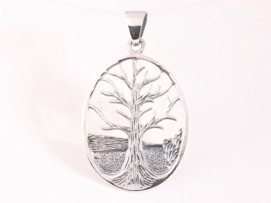 Opengewerkte ovale zilveren hanger met levensboom afbeelding 4