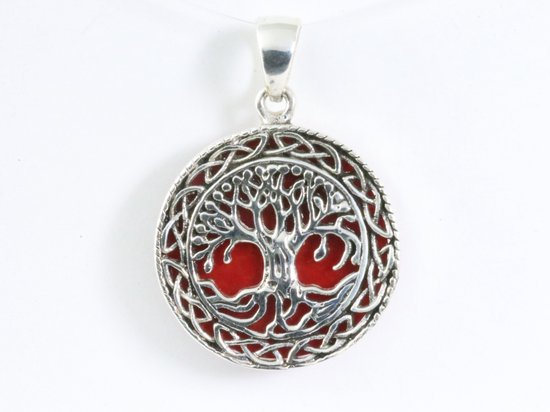 Ronde bewerkte zilveren hanger met levensboom op rode koraal steen afbeelding 4