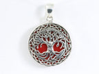 Ronde bewerkte zilveren hanger met levensboom op rode koraal steen afbeelding 4