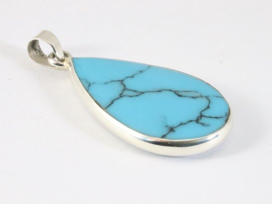Druppelvormige zilveren hanger met blauwe turkoois afbeelding 2