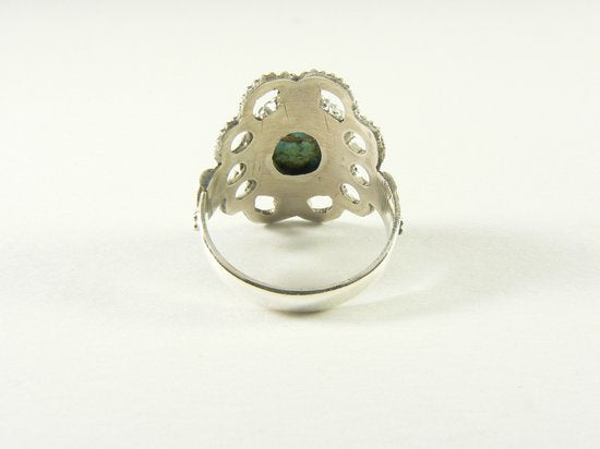 Opengewerkte zilveren ring met blauwe koperturkoois afbeelding 3