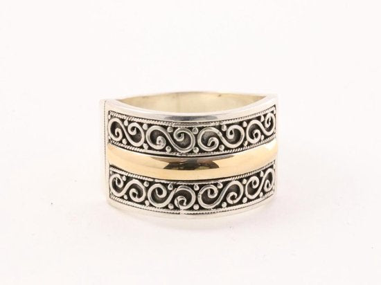 Traditionele bewerkte zilveren ring met 18k gouden band afbeelding 4