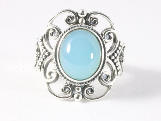 Opengewerkte zilveren ring met aqua chalcedoon afbeelding 4