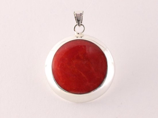 Ronde hoogglans zilveren hanger met rode koraal steen afbeelding 1