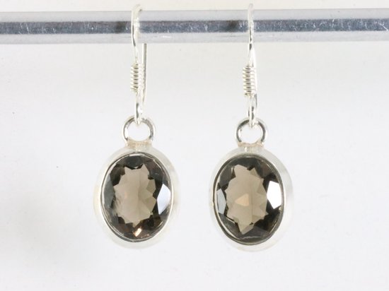 Fijne ovale zilveren oorbellen met rookkwarts afbeelding 3