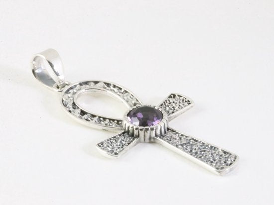 Bewerkte zilveren ankh hanger met amethist afbeelding 2