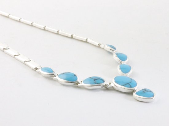 Hoogglans zilveren collier met blauwe turkoois afbeelding 2