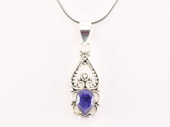 Fijne opengewerkte zilveren hanger met blauwe saffier aan ketting afbeelding 4