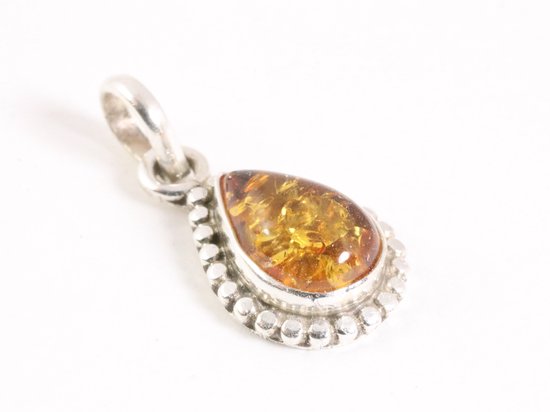 Fijne bewerkte druppelvormige zilveren hanger met amber afbeelding 2
