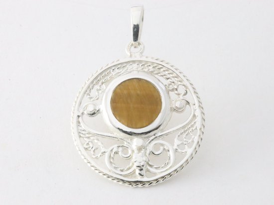 Ronde opengewerkte zilveren hanger met tijgeroog afbeelding 1