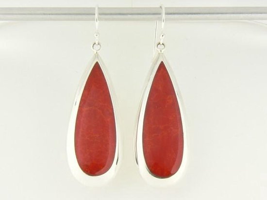 Grote druppelvormige zilveren oorbellen met rode koraal steen afbeelding 4