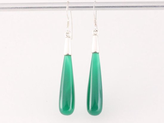 Lange zilveren pegel oorbellen met groene agaat afbeelding 4