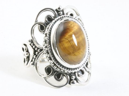 Opengewerkte zilveren ring met tijgeroog afbeelding 1