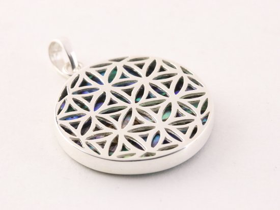 Ronde zilveren hanger met levensbloem op abalone schelp afbeelding 2