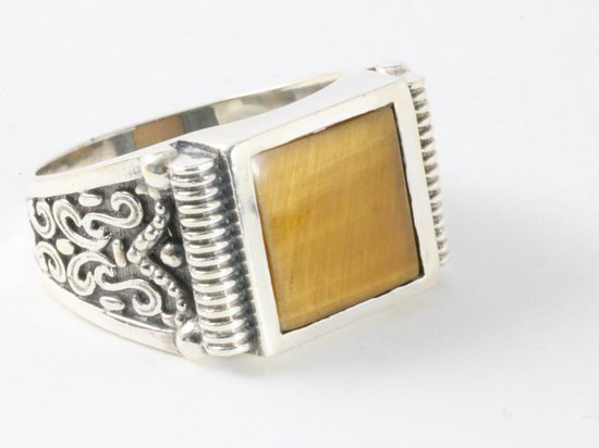 Zware bewerkte zilveren ring met tijgeroog afbeelding 1