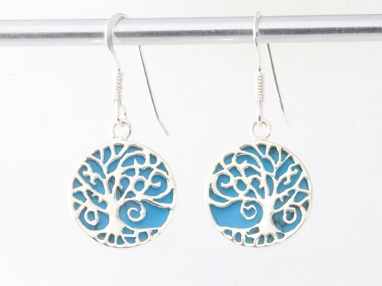 Ronde zilveren oorbellen met levensboom op blauwe turkoois afbeelding 4