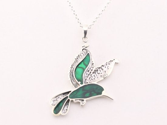 Zilveren kolibrie hanger met abalone schelp aan ketting afbeelding 3