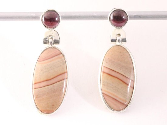 Lange zilveren oorstekers met bruine dolomiet steen en granaat afbeelding 4