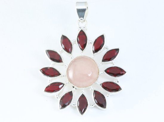 Grote opengewerkte zilveren hanger met rozenkwarts en granaat afbeelding 4