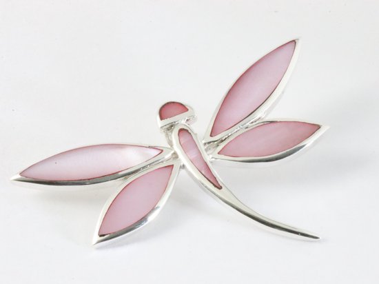 Grote zilveren libelle hanger met roze parelmoer aan ketting afbeelding 2