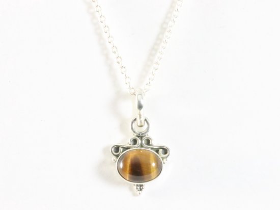 Fijne bewerkte zilveren hanger met tijgeroog aan ketting afbeelding 4