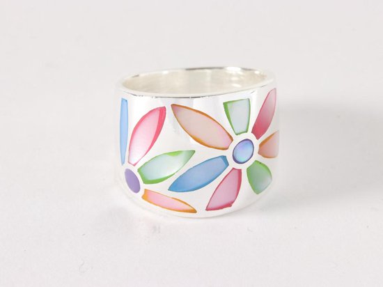 Zware zilveren ring met multicolor schelp afbeelding 4