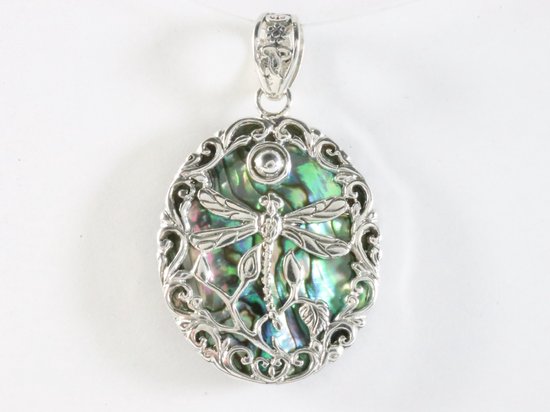 Ovale zilveren hanger met libelle op abalone schelp afbeelding 4