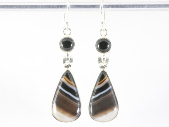 Lange zilveren oorbellen met Botswana agaat en onyx afbeelding 3
